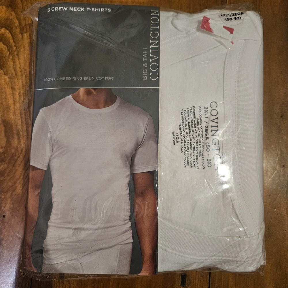 NOS Covington Men's 2XLT White Crew Neck T-Shirts 3 Pack 100% Cotton Sealed